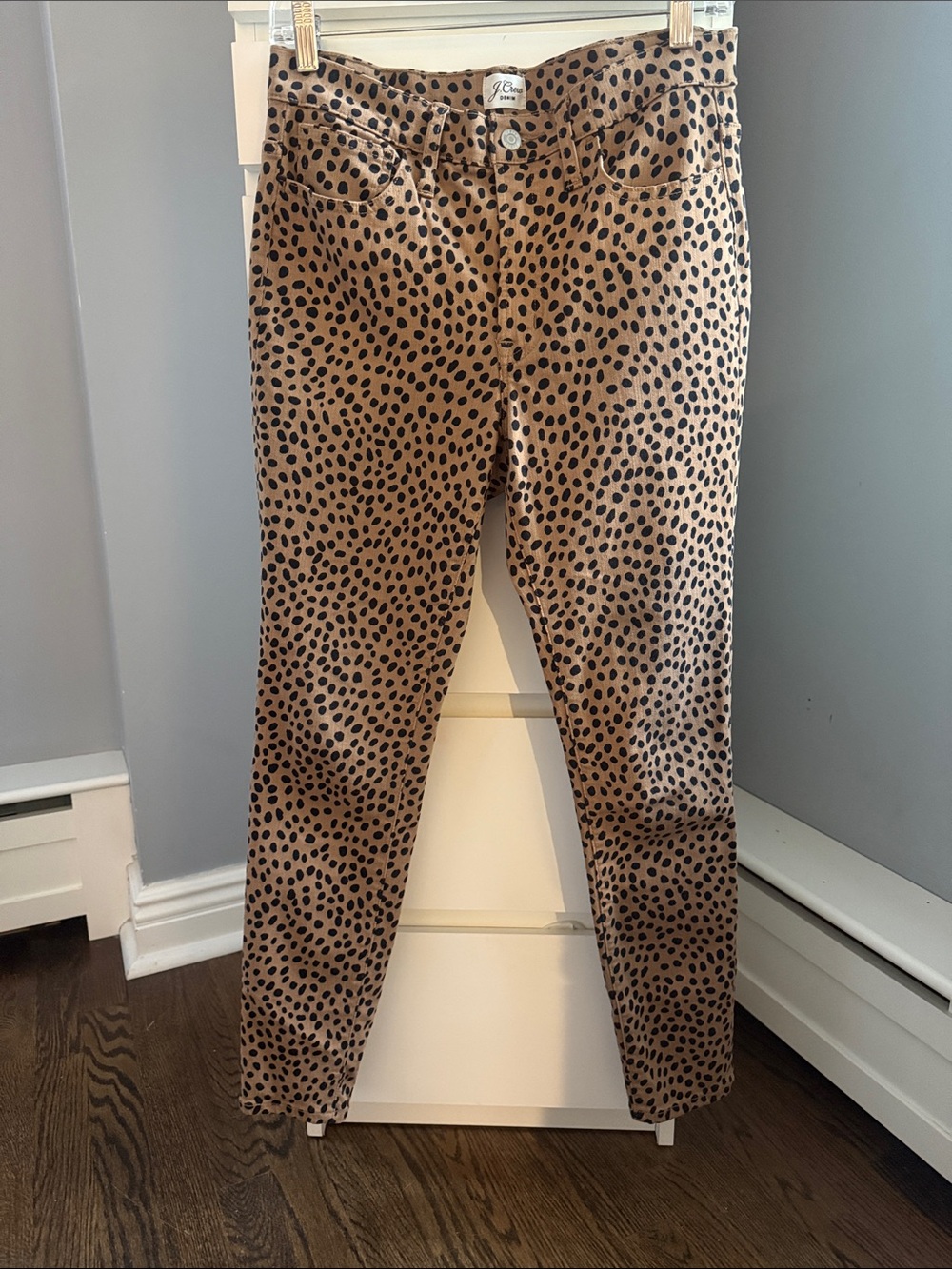 J. Crew Skinny Leopard Jeans Pants in Tan with Black Spot Print